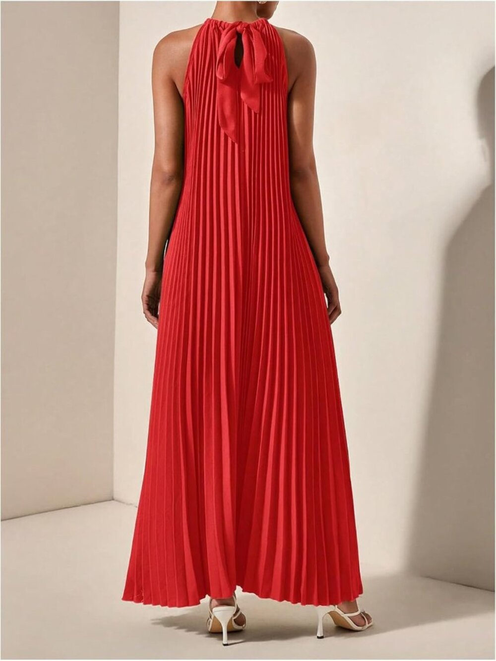 〽️Red Halter Maxi Dress Women's Pleated Flowy A Line Summer Wedding Guest Dress - Picture 3 of 5